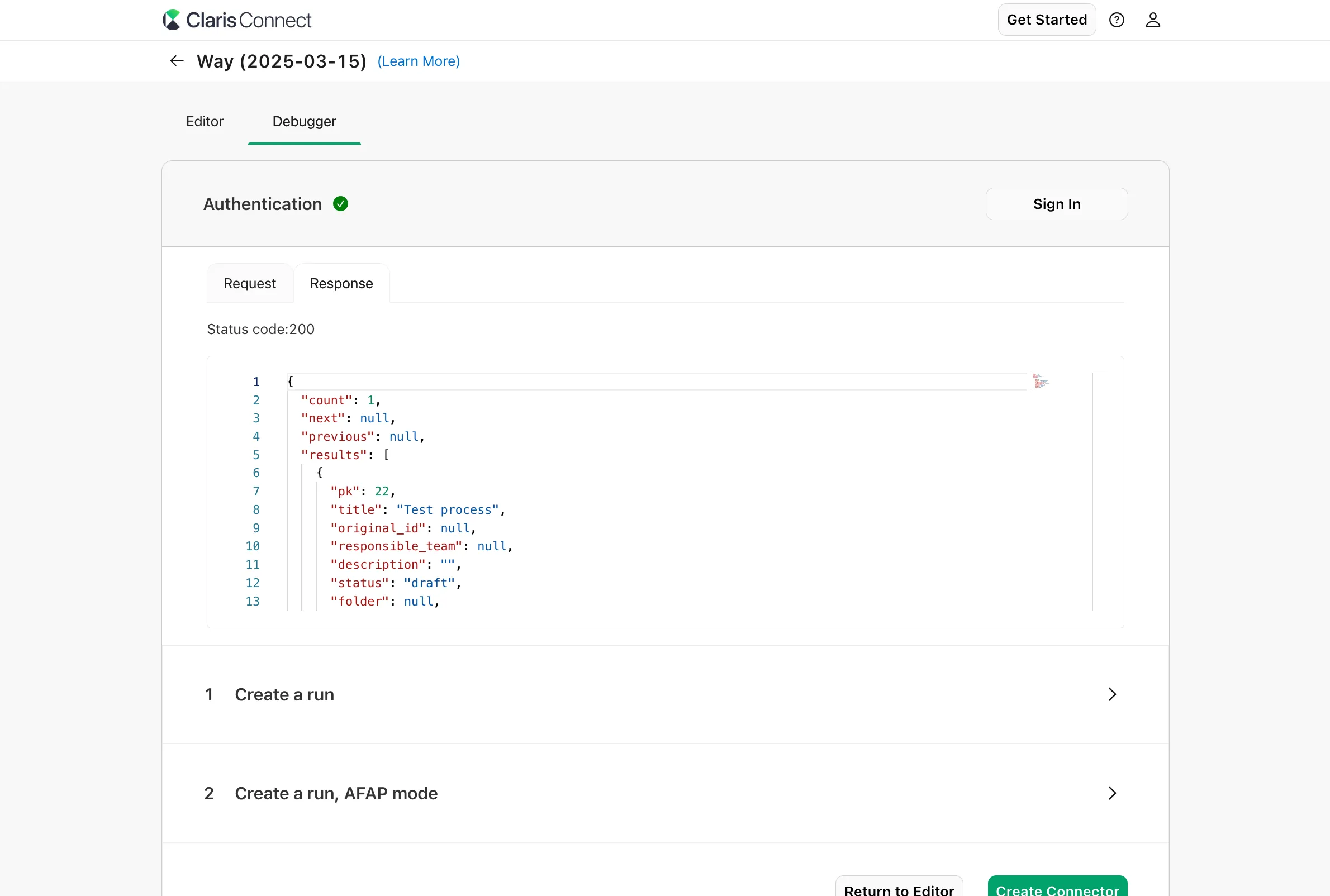 Claris Connect test request